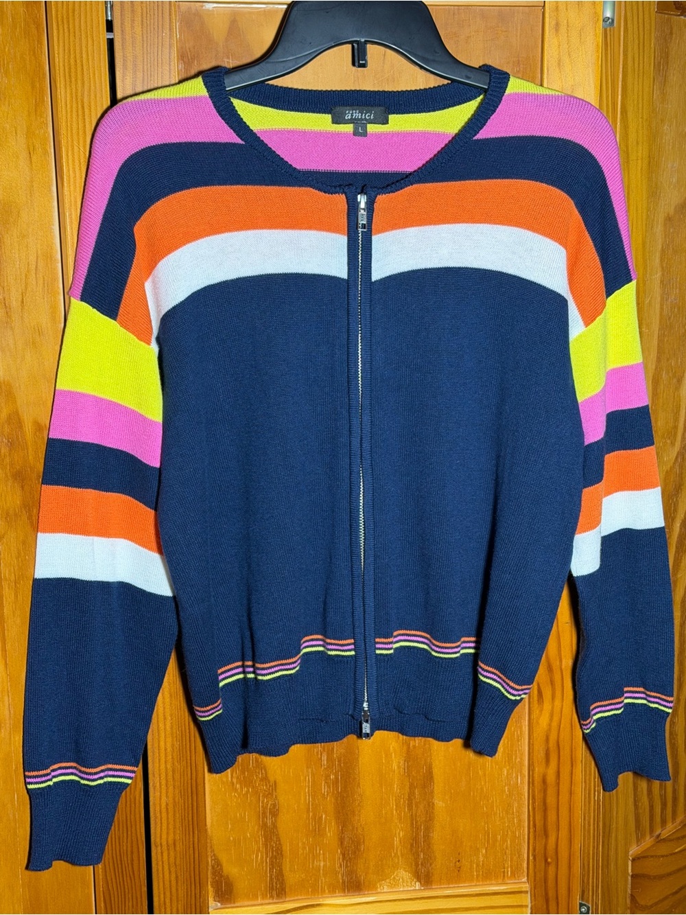 Pure Amici Navy Zip-Up Sweater with Pink, Orange & Yellow|Sz M-L|Cotton, Silk